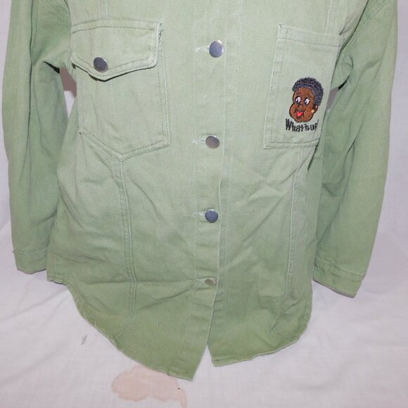 Mens L Green Denim Baby Fat Albert What's Up? Embroidered Long Sleeve Shirt - Picture 4 of 13